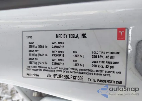 2018 Tesla Model 3 Long Range/Performance из США, поврежденный, VIN 5YJ3E1EB6JF131306